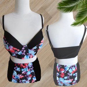 BLACK  FLORAL 2 PIECE SWIMSUIT
